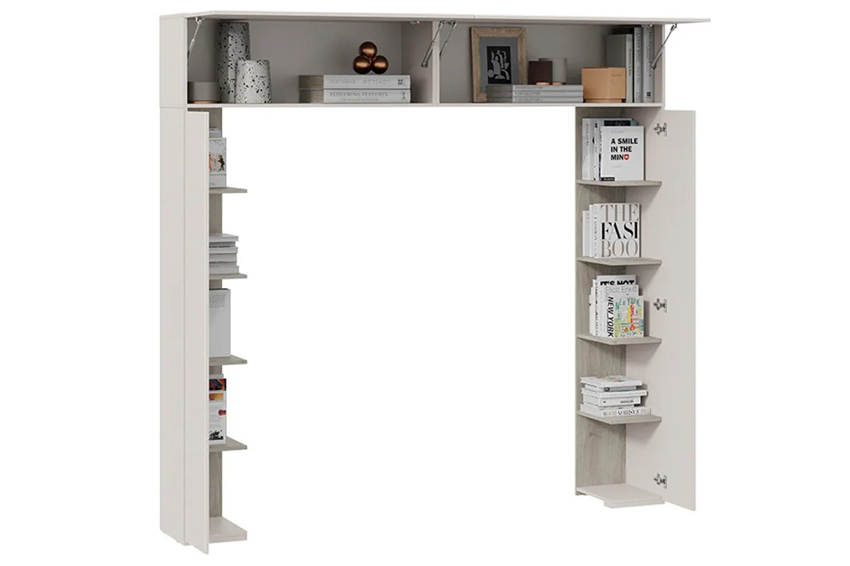 Шкаф навесной Порто СМ-393.21.022 (366) со стеллажами (Кашемир матовый / Баттл рок / Кашемир сатин)