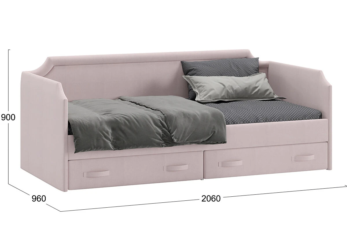 Кровать Кантри ТД-308.12.02 с мягкой обивкой и ящиками 90х200 Тип 1 (Велюр пудровый) 