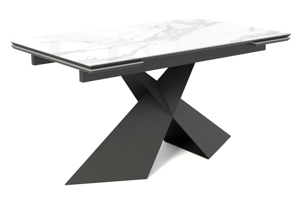 Стол обеденный Марвел 1400(2000) (ст. №2 / Стекло Оптивайт с фотопечатью Белый мрамор/МДФ Черный Кварц/Металл Черный)