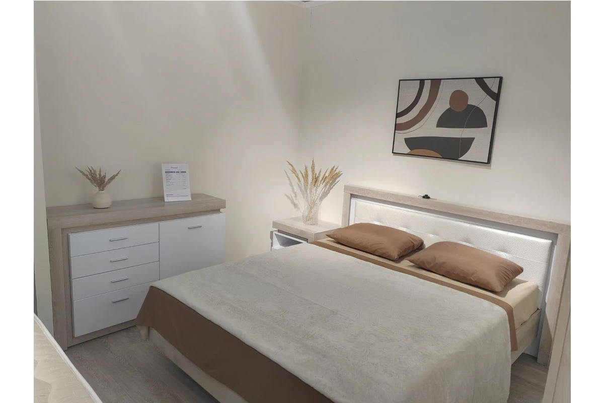 Кровать Люмен 28 с ПМ и подсветкой 160х200 (Дуб сакраменто/Белый снег)