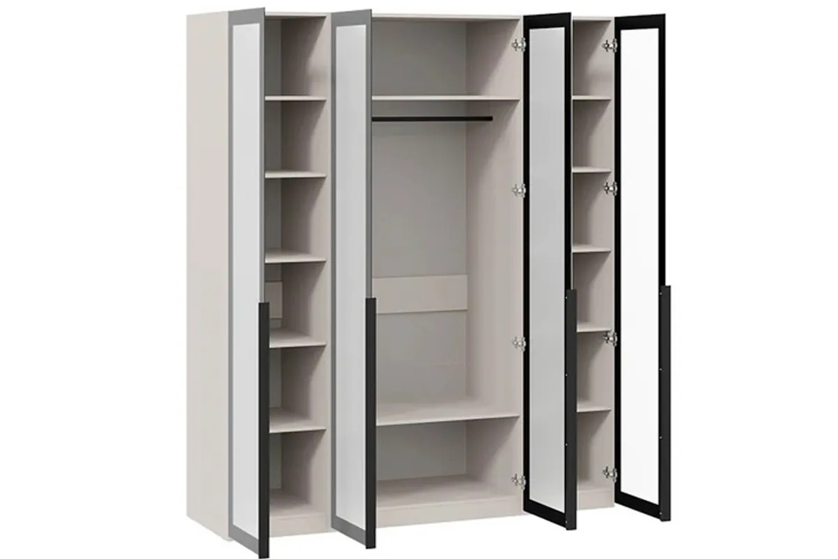 Шкаф для одежды Порто СМ-393.07.114 (580) с 4 стеклянными дверями (Кашемир матовый / Графит / Стекло сатин черное)