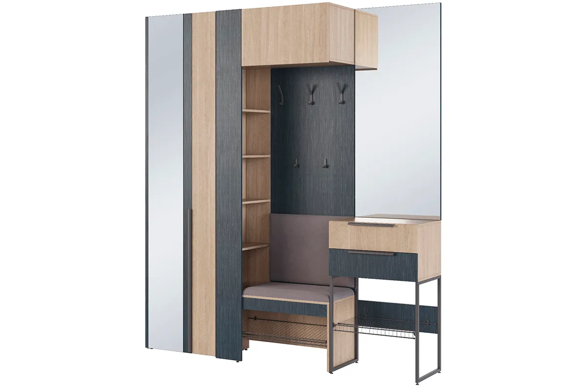 Прихожая Палермо (ЛДСП Палермо / ЛДСП Рейн Морион / Ткань Light Grey)