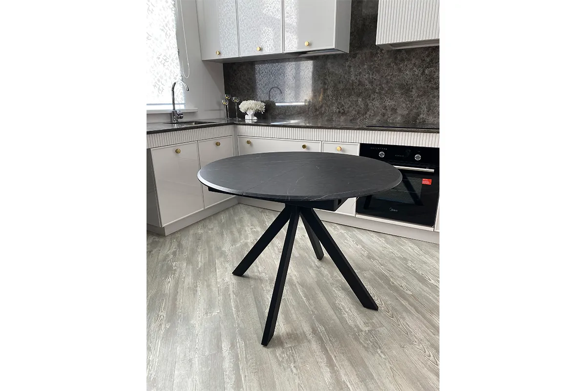 Стол обеденный Москва d 1000 (МДФ в плёнке Мрамор Черный SSK460 / Рама черное / Металл черный)