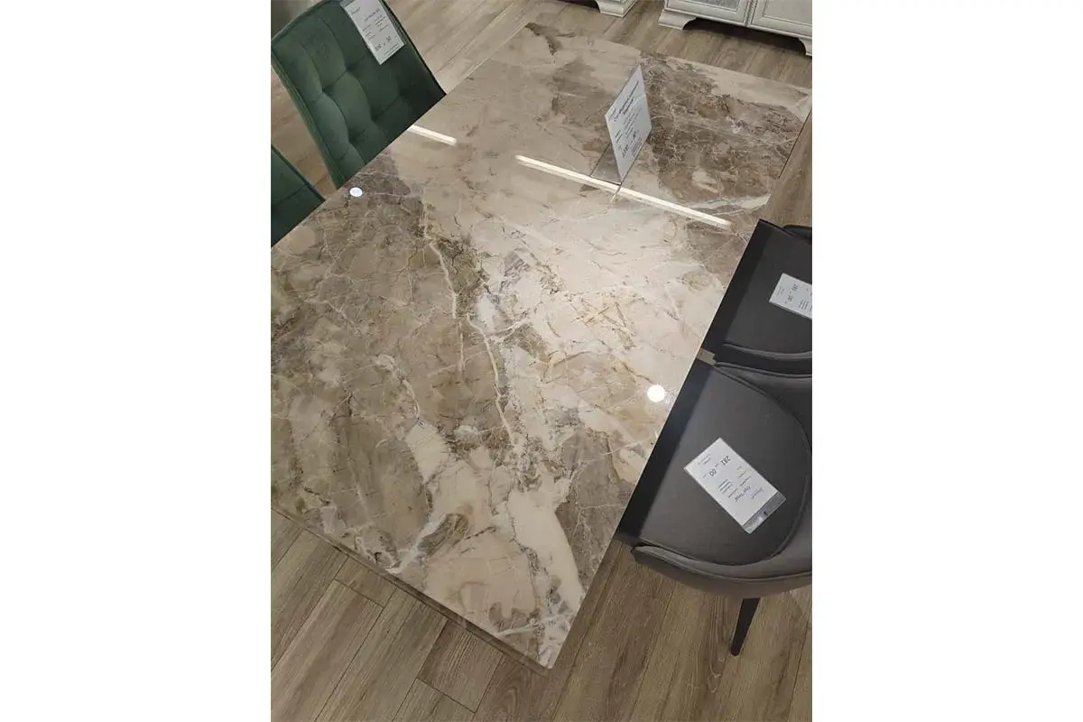 Стол обеденный Вирджиния 1400(2000) (Стекло с фотопечатью Каталония / МДФ Лесной орех / рама черная / МДФ Лесной орех / МДФ Черный кварц)