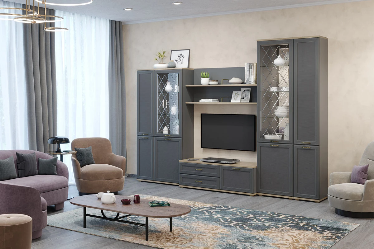 Готовый комплект мебели для гостиной Карина-24 (Гикори Джексон Светлый/Серый Оникс)