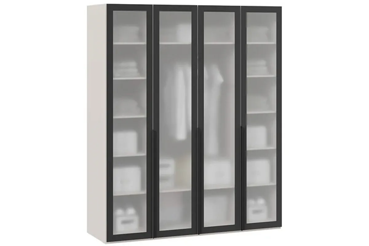 Шкаф для одежды Порто СМ-393.07.114 (580) с 4 стеклянными дверями (Кашемир матовый / Графит / Стекло сатин черное)