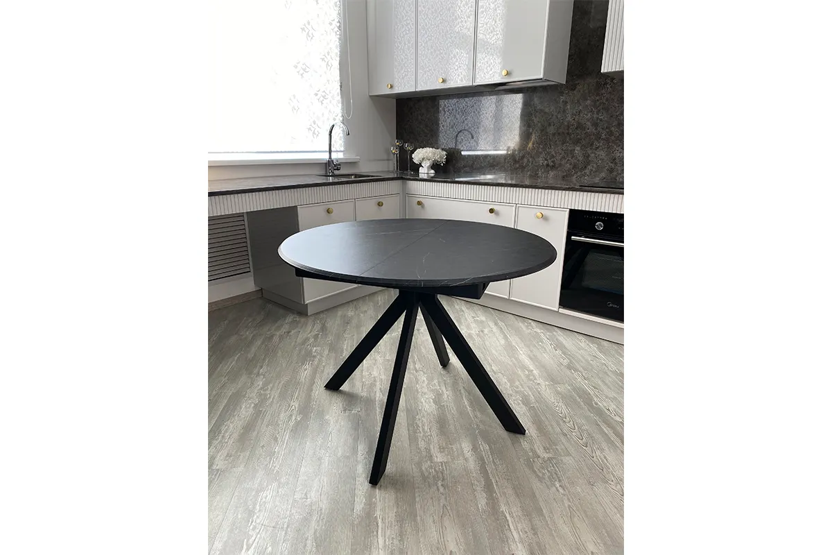 Стол обеденный Москва d 1000 (МДФ в плёнке Мрамор Черный SSK460 / Рама черное / Металл черный)