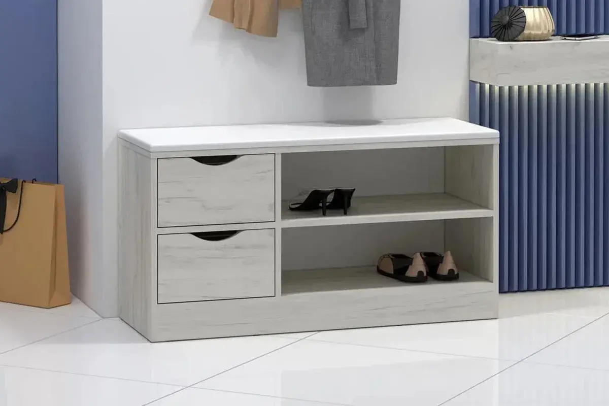 Обувница Лаки Тип 5 (Дуб Крафт Белый / Экокожа Белая)