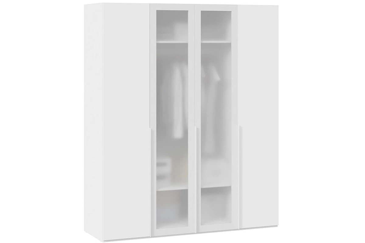 Шкаф для одежды Порто СМ-393.07.116 (580) с 2 глухими и 2 стеклянными дверями (Белый Жемчуг/Стекло сатин белое)