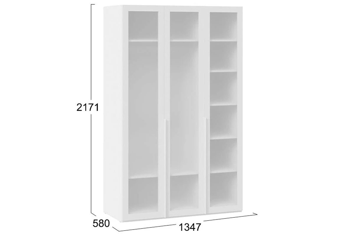 Шкаф для одежды (580) с 3 стеклянными дверями Порто СМ-393.07.117 (Белый Жемчуг/Стекло сатин белое)