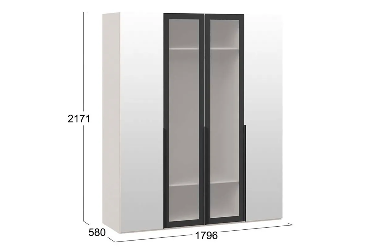 Шкаф для одежды Порто СМ-393.07.115 (580) с 2 зеркальными и 2 стеклянными дверями (Кашемир матовый / Графит / Стекло сатин черное)
