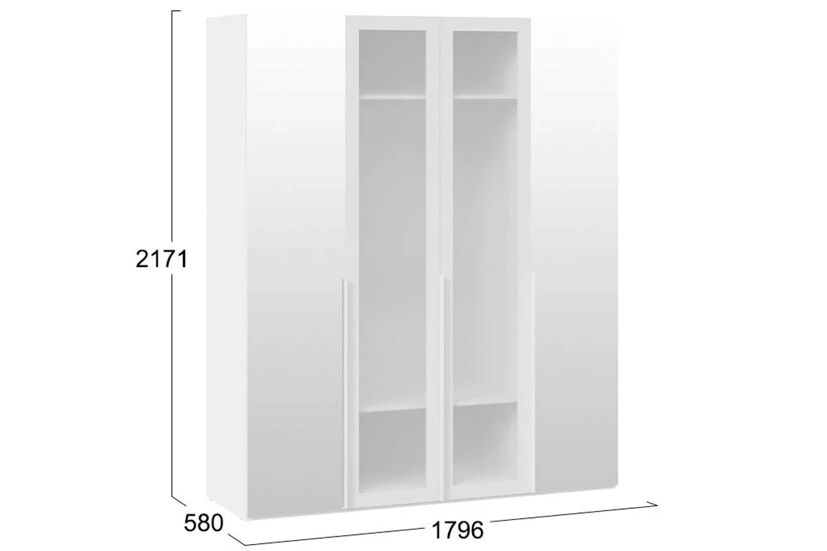 Шкаф для одежды Порто СМ-393.07.115 (580) с 2 зеркальными и 2 стеклянными дверями (Белый Жемчуг/Стекло сатин белое)