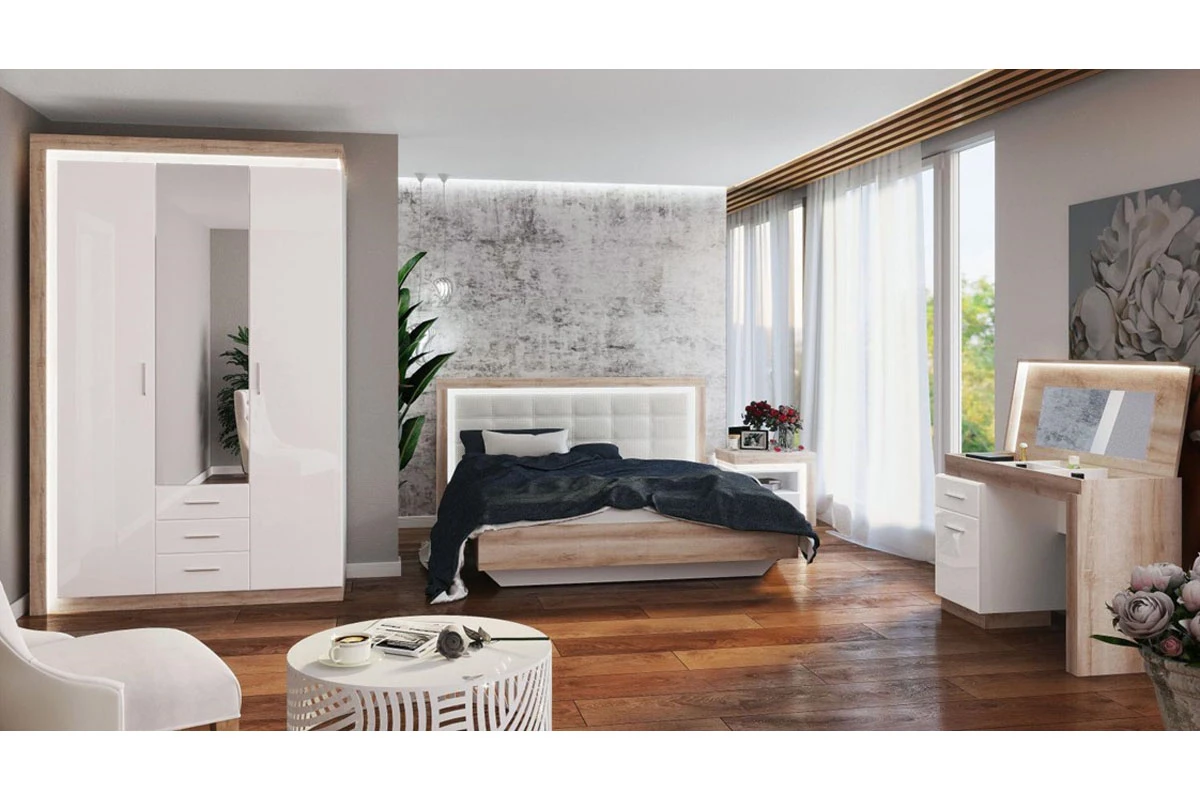 Кровать Люмен 28 с ПМ и подсветкой 160х200 (Дуб сакраменто/Белый снег)