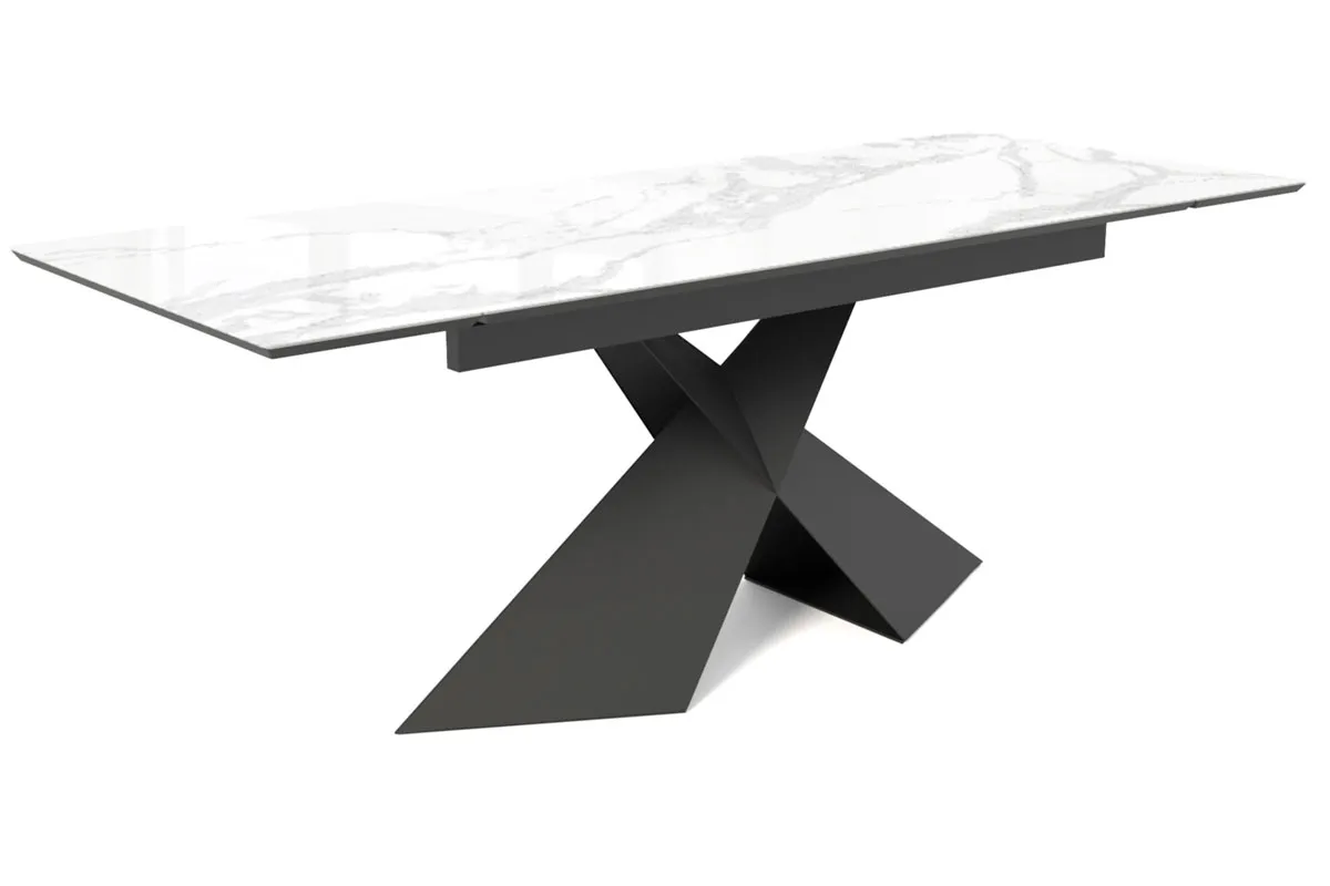 Стол обеденный Марвел 1400(2000) (ст. №2 / Стекло Оптивайт с фотопечатью Белый мрамор/МДФ Черный Кварц/Металл Черный)
