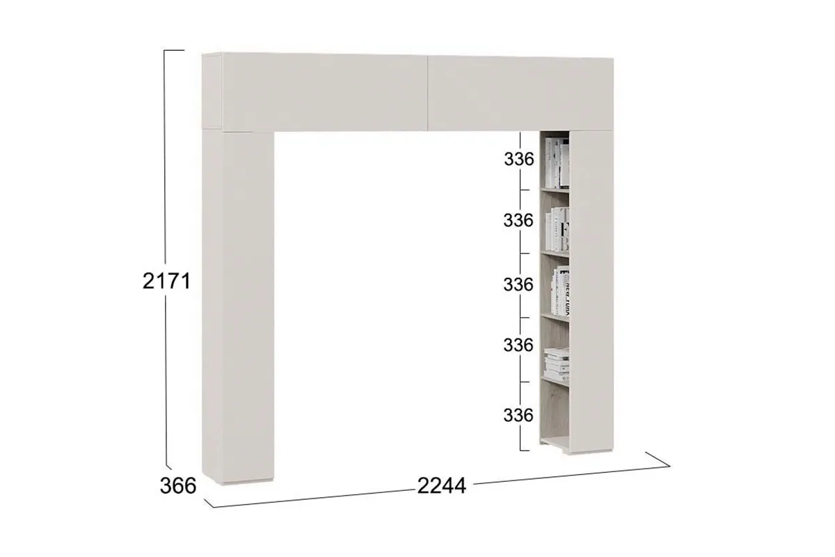 Шкаф навесной Порто СМ-393.21.022 (366) со стеллажами (Кашемир матовый / Баттл рок / Кашемир сатин)