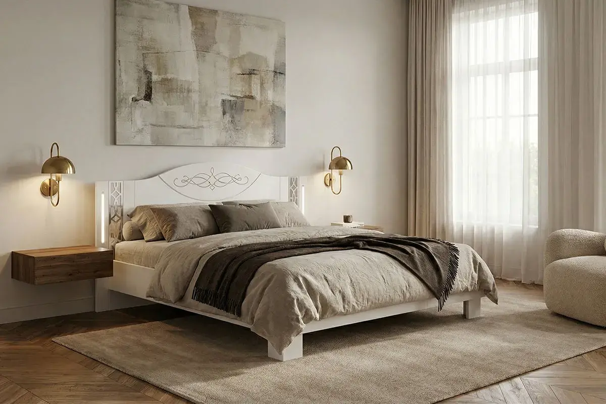 Кровать Белла мод № 2.1 с подсветкой 140х200 без орт.основания (Рамух белый)