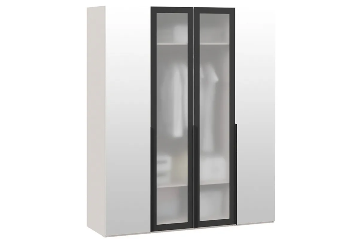 Шкаф для одежды Порто СМ-393.07.115 (580) с 2 зеркальными и 2 стеклянными дверями (Кашемир матовый / Графит / Стекло сатин черное)