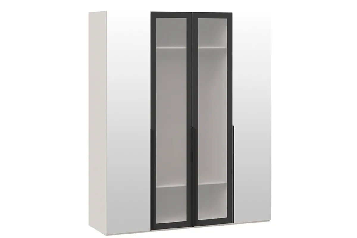 Шкаф для одежды Порто СМ-393.07.115 (580) с 2 зеркальными и 2 стеклянными дверями (Кашемир матовый / Графит / Стекло сатин черное)