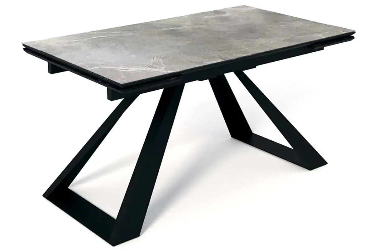 Стол обеденный Старк 1600(2200) (Керамика Серый мрамор / МДФ Черный кварц / рама черная / Металл черный)