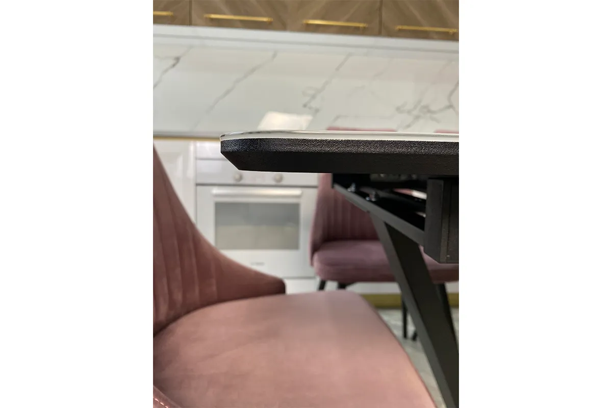 Стол обеденный Луи 1200(1600) (Стекло Оптивайт с фотопечатью Обсидан / МДФ черная шагрень / Металл черный)