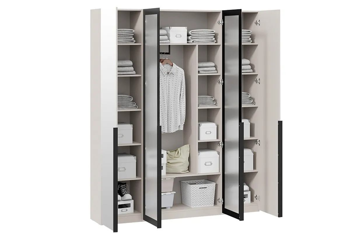 Шкаф для одежды Порто СМ-393.07.115 (580) с 2 зеркальными и 2 стеклянными дверями (Кашемир матовый / Графит / Стекло сатин черное)