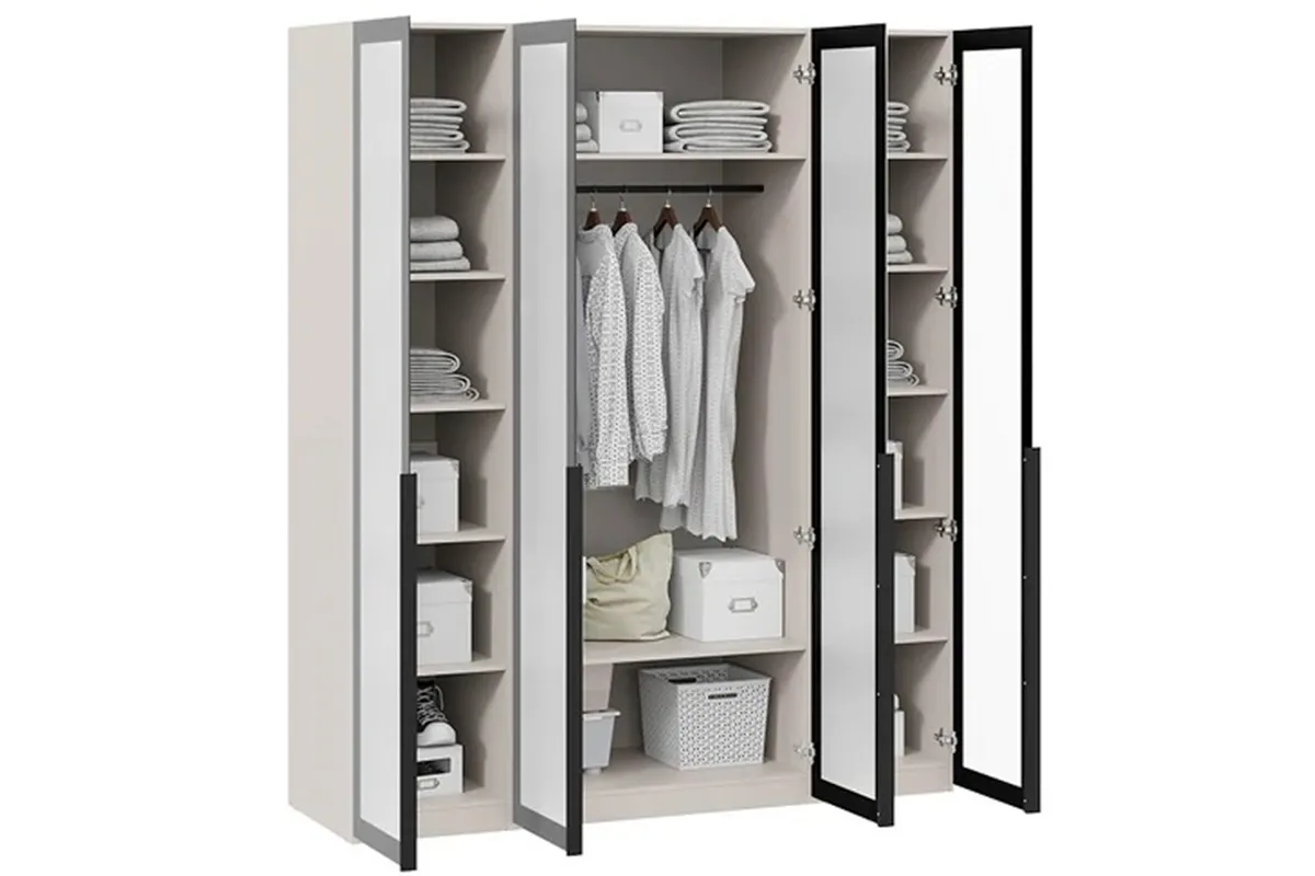Шкаф для одежды Порто СМ-393.07.114 (580) с 4 стеклянными дверями (Кашемир матовый / Графит / Стекло сатин черное)