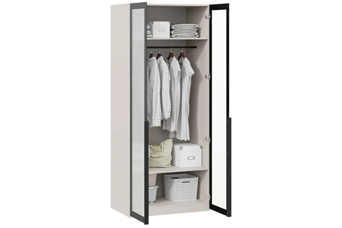 Шкаф для одежды Порто СМ-393.07.009 (580) с 2 дверями со стеклом (Кашемир матовый / Графит / Стекло сатин черное)