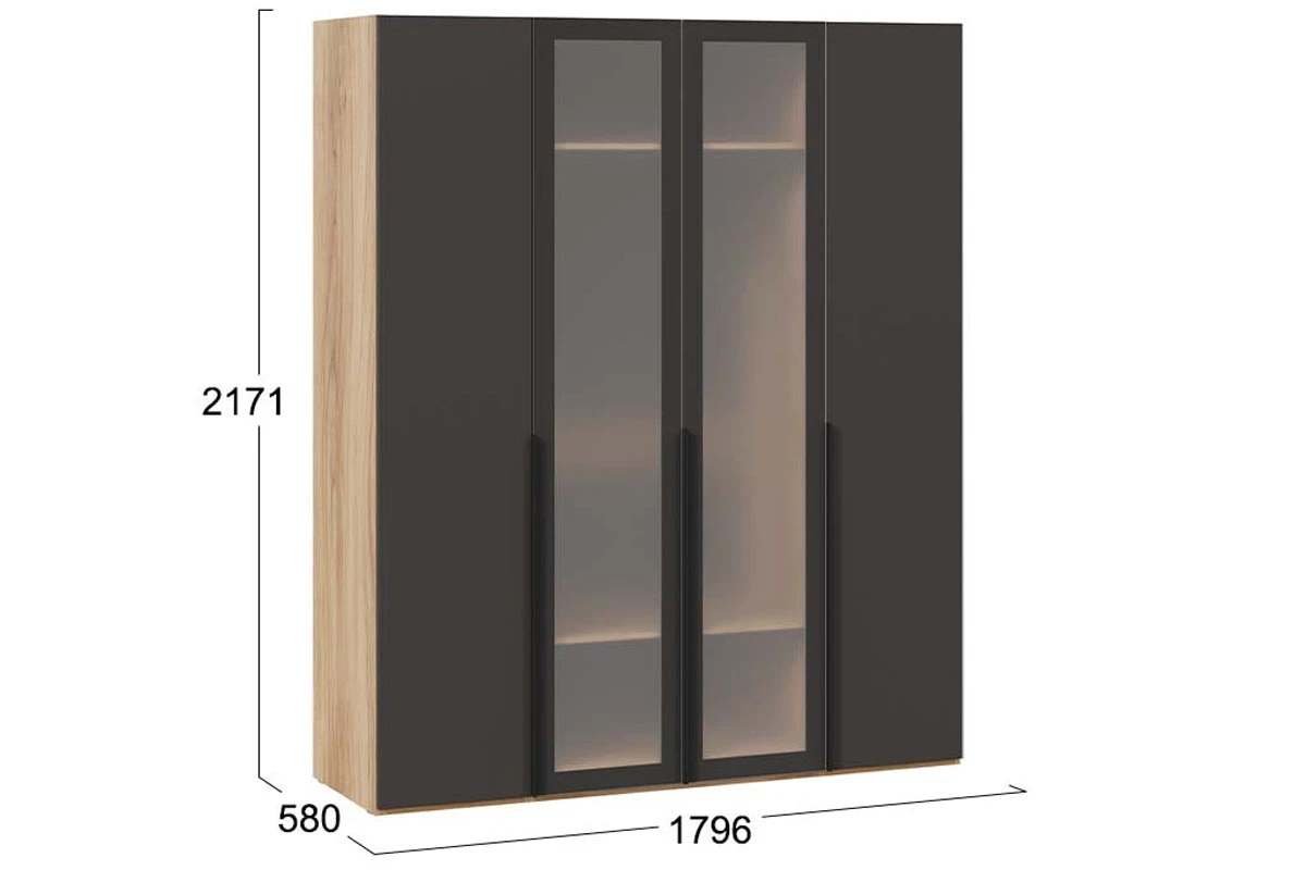 Шкаф для одежды Порто СМ-393.07.116 (580) с 2 глухими и 2 стеклянными дверями (Яблоня Беллуно/Графит/Стекло сатин черное)