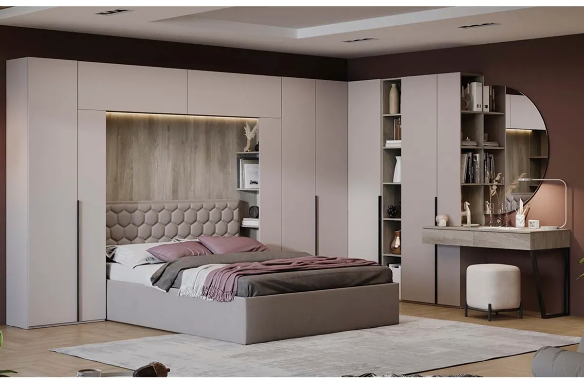 Спальный гарнитур Порто №3 (Кашемир матовый / Кашемир сатин / Велюр Confetti Smoke) фото