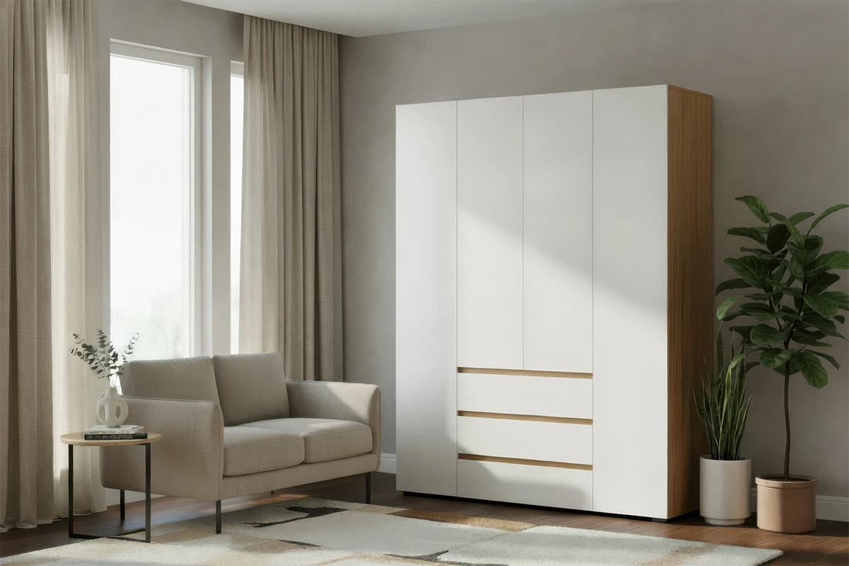 Шкаф 4-створчатый с ящиками Веста (Дуб золотистый / Белый)