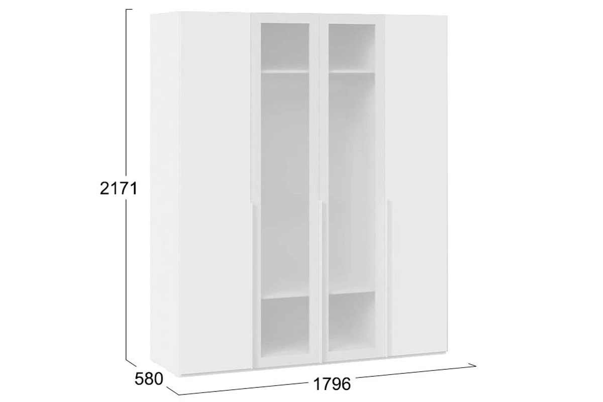 Шкаф для одежды Порто СМ-393.07.116 (580) с 2 глухими и 2 стеклянными дверями (Белый Жемчуг/Стекло сатин белое)