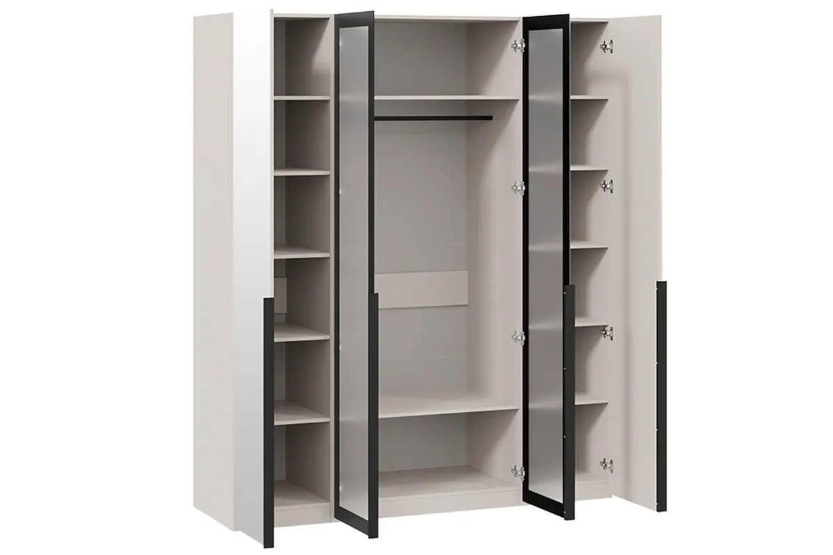 Шкаф для одежды Порто СМ-393.07.115 (580) с 2 зеркальными и 2 стеклянными дверями (Кашемир матовый / Графит / Стекло сатин черное)