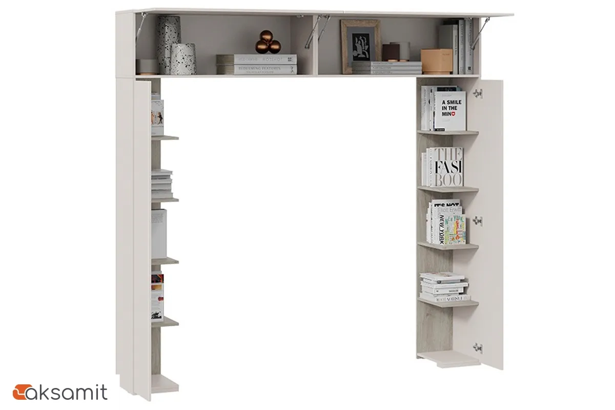 Шкаф навесной Порто СМ-393.21.022 (366) со стеллажами (Кашемир матовый / Баттл рок / Кашемир сатин)