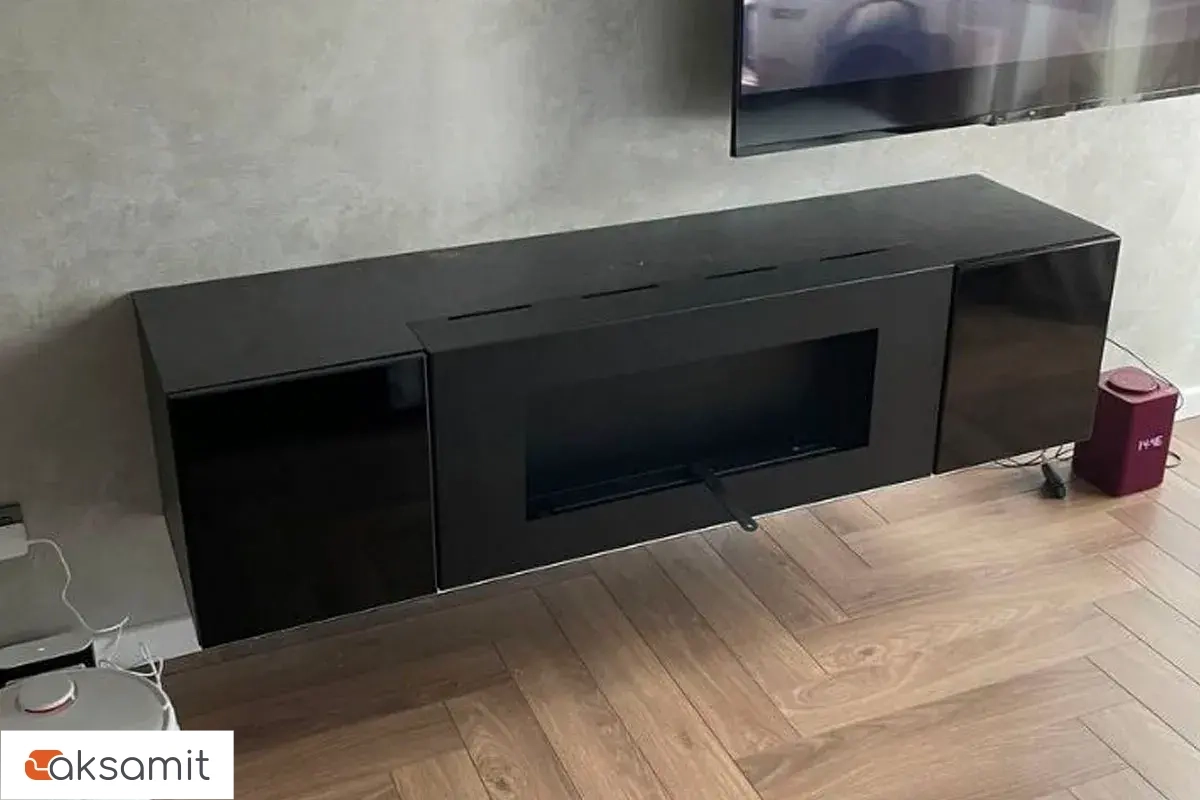 Шкаф навесной POINT ТИП-28 SBK с биокамином (Чёрный/Черный глянец)