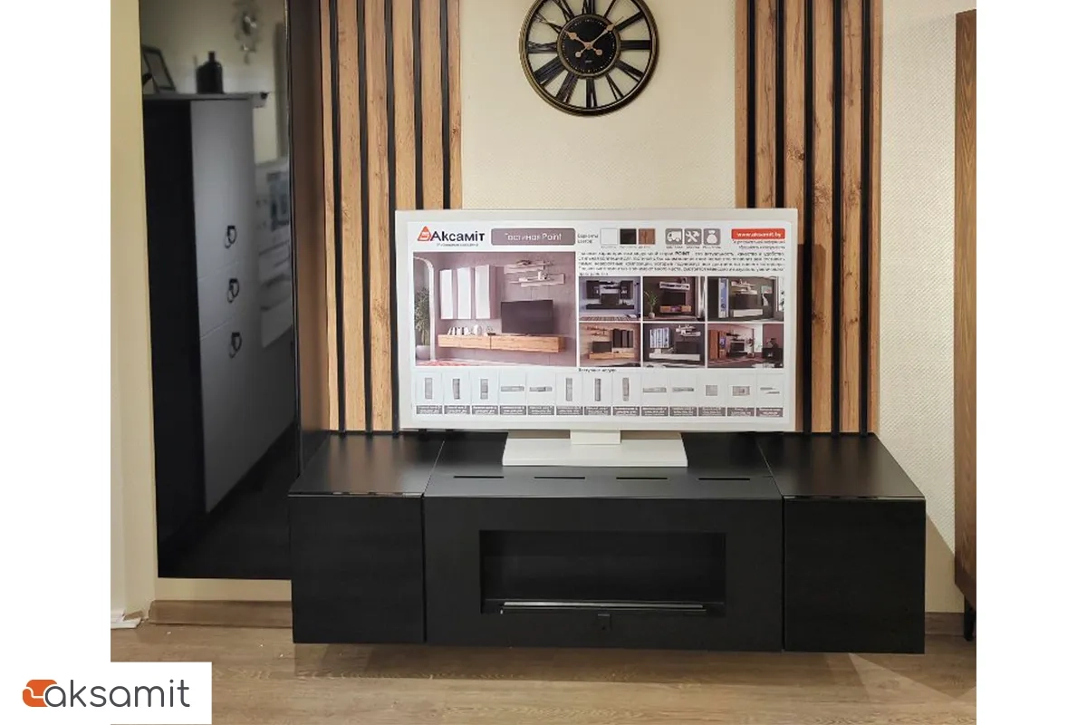 Шкаф навесной POINT ТИП-28 SBK с биокамином (Чёрный/Черный глянец)