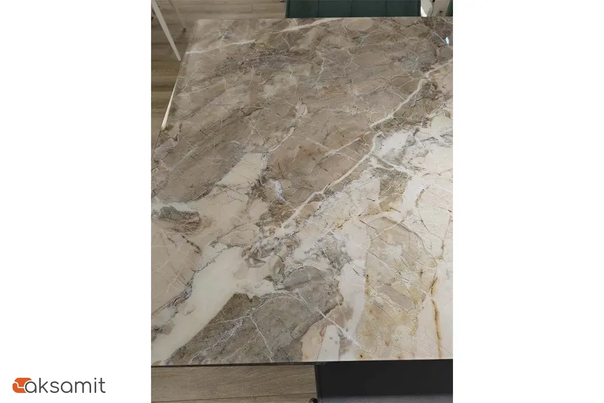 Стол обеденный Вирджиния 1400(2000) (Стекло с фотопечатью Каталония / МДФ Лесной орех / рама черная / МДФ Лесной орех / МДФ Черный кварц)