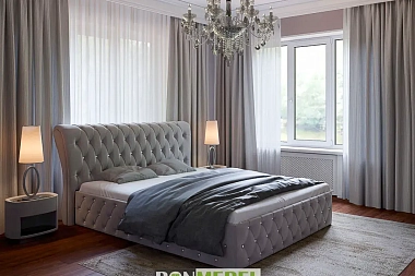 Кровать Камелия 180х200 с ПМ (Пуговицы/ткань велюр серый)