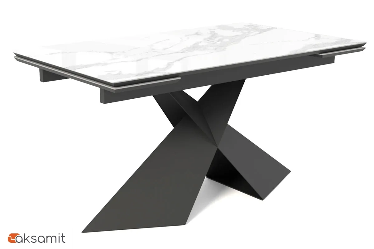 Стол обеденный Марвел 1400(2000) (ст. №2 / Стекло Оптивайт с фотопечатью Белый мрамор/МДФ Черный Кварц/Металл Черный)