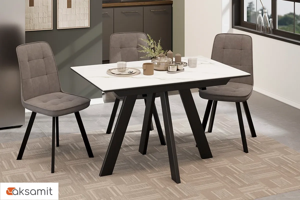 Стол обеденный Бронкс Тип 1 раздвижной (Черный муар / Керамика матовая белый мрамор)