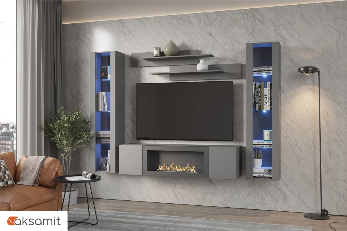 Шкаф навесной POINT ТИП-28 SBK с биокамином (Серый/Графит)