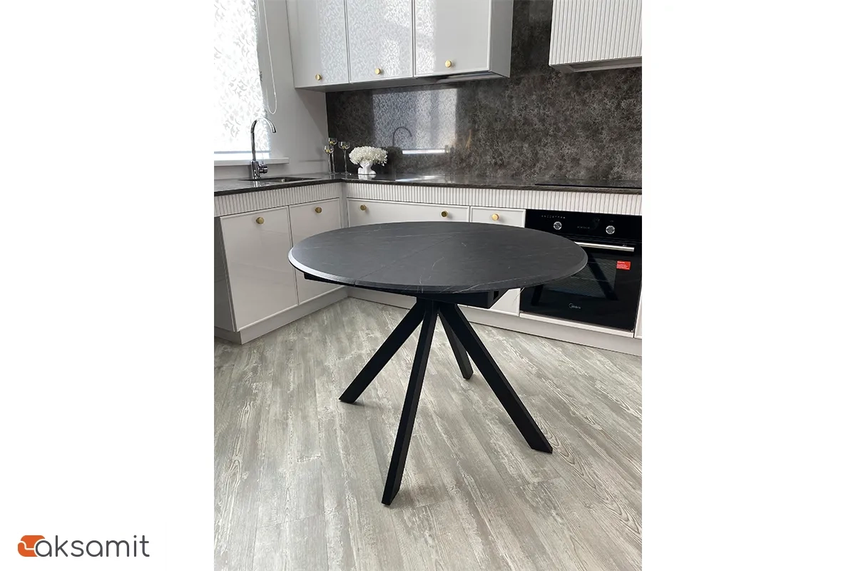 Стол обеденный Москва d 1000 (МДФ в плёнке Мрамор Черный SSK460 / Рама черное / Металл черный)