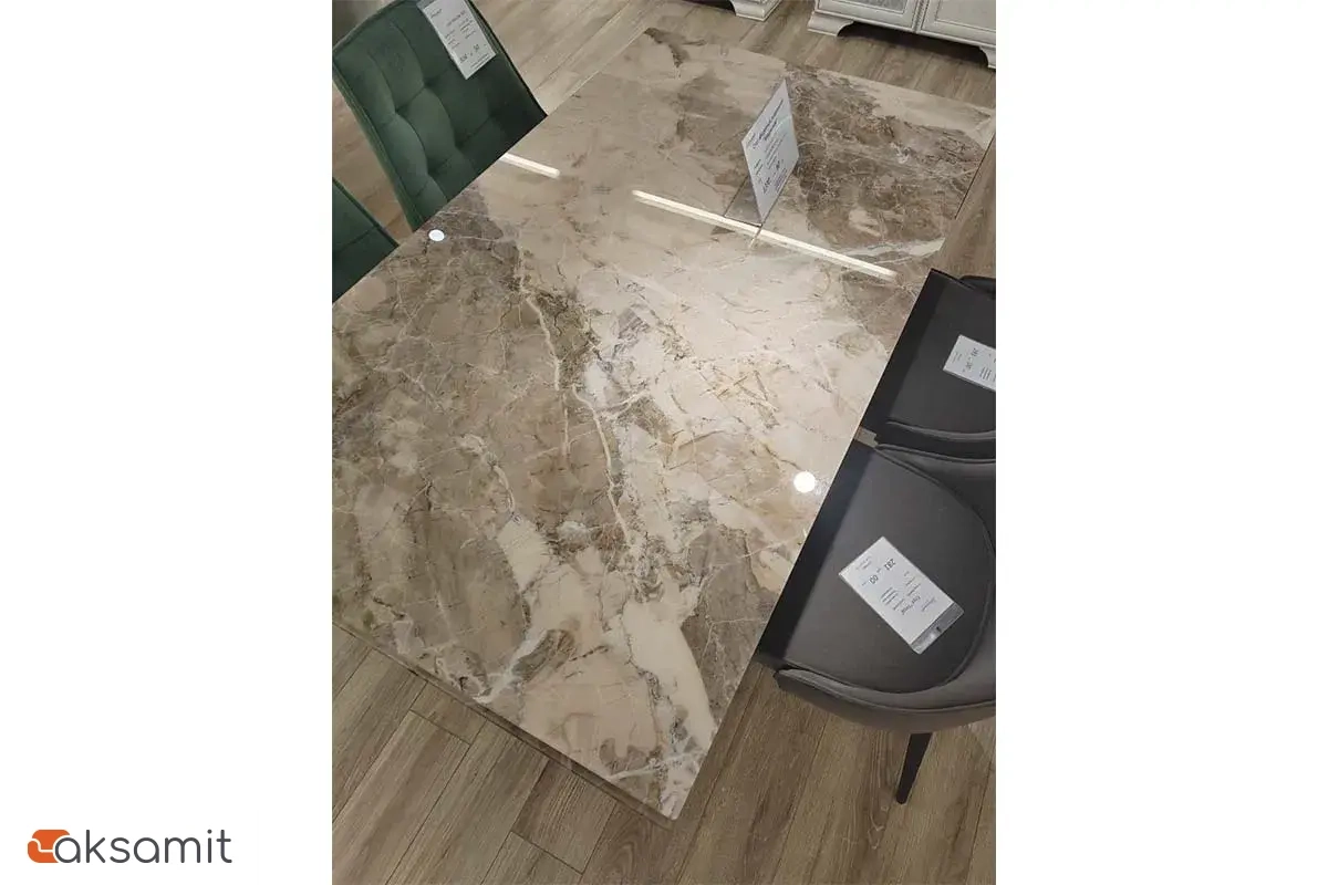 Стол обеденный Вирджиния 1400(2000) (Стекло с фотопечатью Каталония / МДФ Лесной орех / рама черная / МДФ Лесной орех / МДФ Черный кварц)