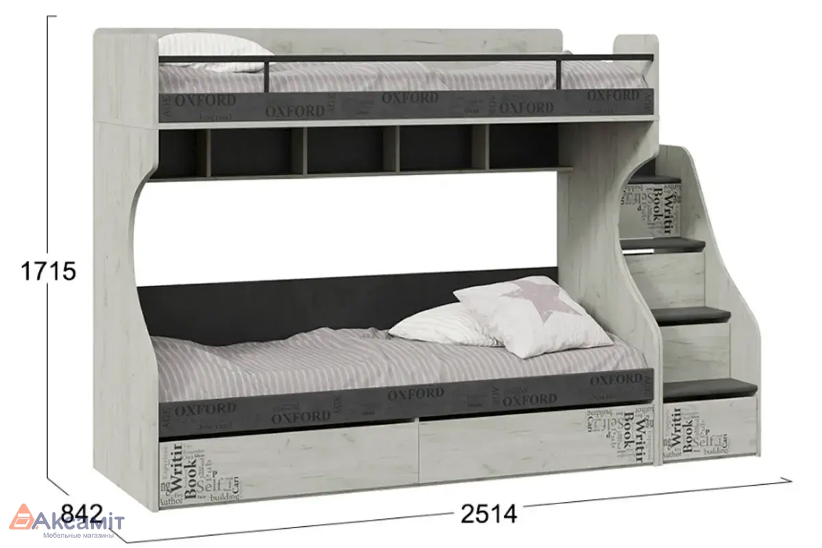 Кровать 2-х ярусная с лестницей Оксфорд-2 СМ-399.11.012 (Матера/Дуб крафт белый с рисунком)