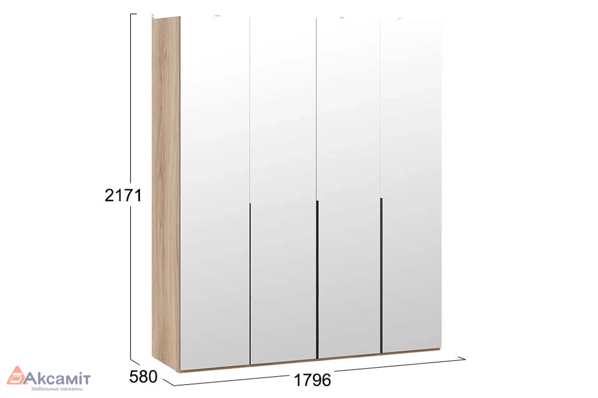 Шкаф для одежды (580) с 4 зеркальными дверями Порто СМ-393.07.109 (Яблоня Беллуно/Графит)