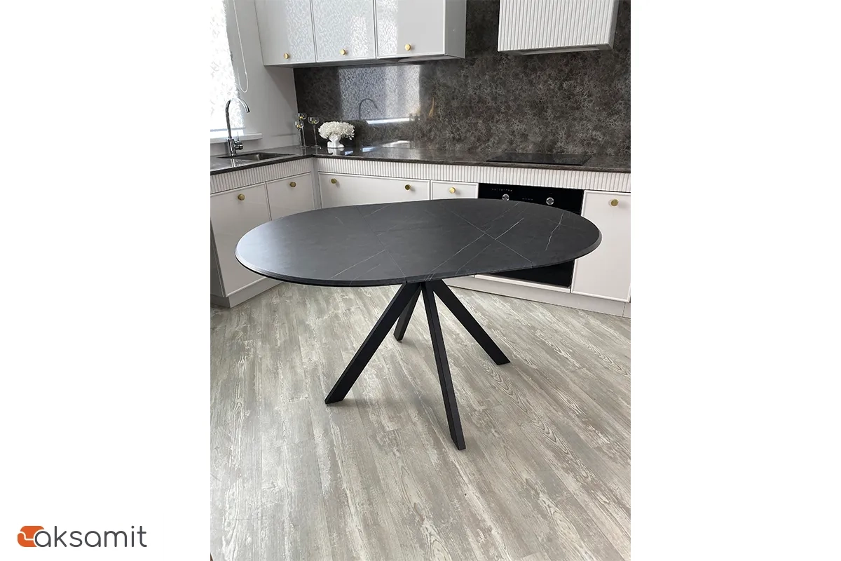 Стол обеденный Москва d 1000 (МДФ в плёнке Мрамор Черный SSK460 / Рама черное / Металл черный)