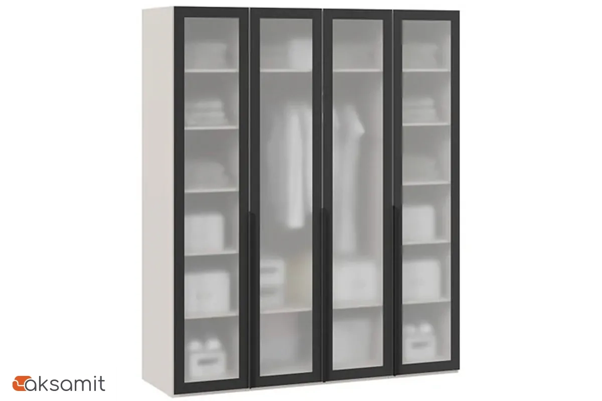 Шкаф для одежды Порто СМ-393.07.114 (580) с 4 стеклянными дверями (Кашемир матовый / Графит / Стекло сатин черное)