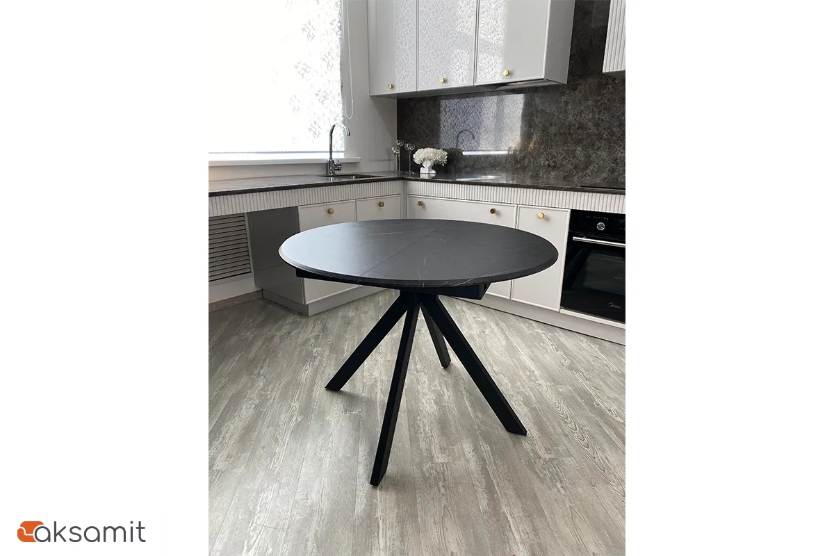 Стол обеденный Москва d 1000 (МДФ в плёнке Мрамор Черный SSK460 / Рама черное / Металл черный)