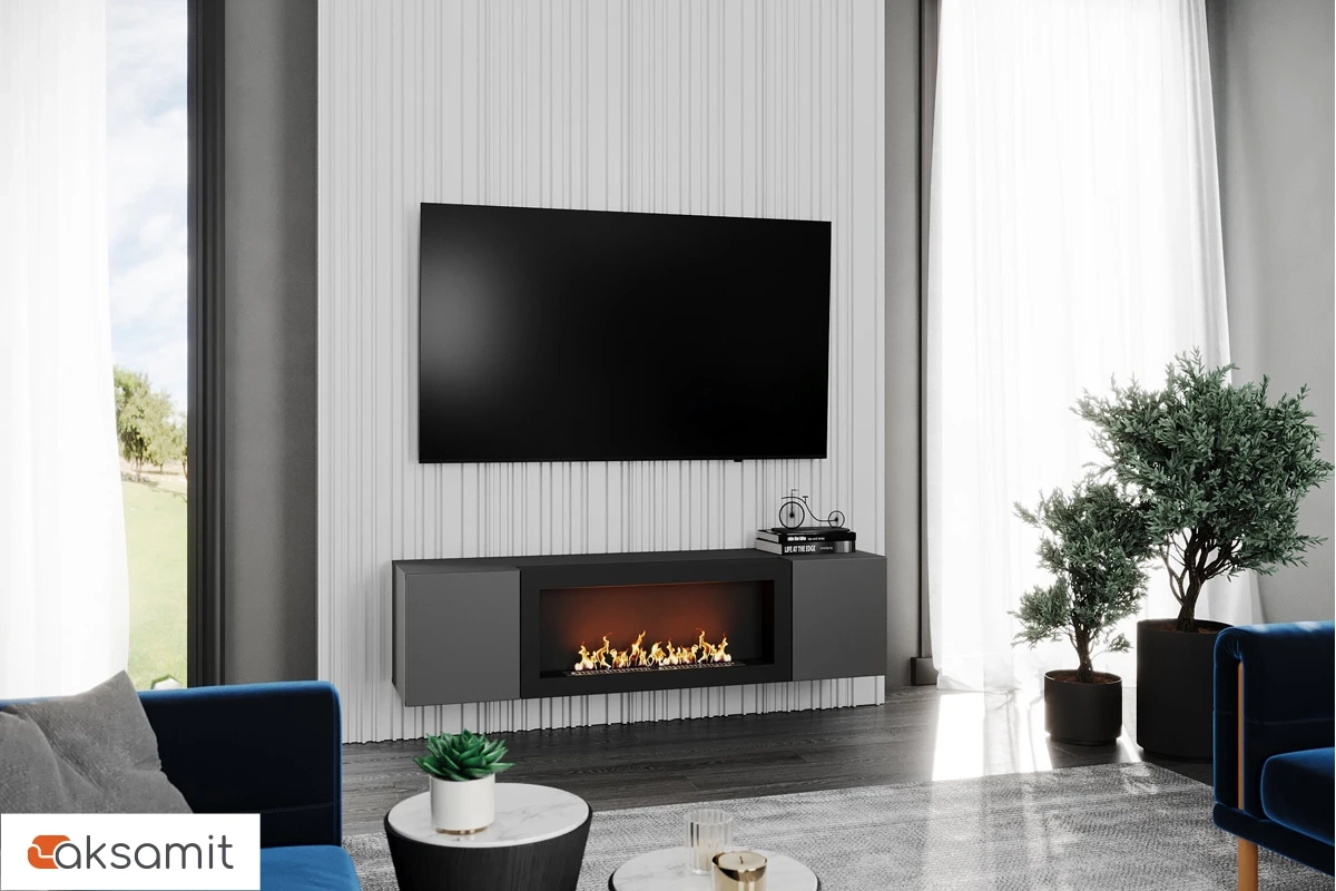 Шкаф навесной POINT ТИП-28 SBK с биокамином (Серый/Графит)