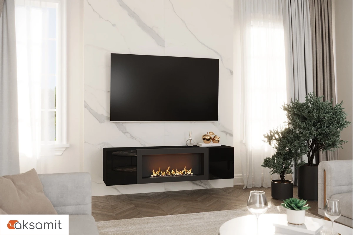 Шкаф навесной POINT ТИП-28 SBK с биокамином (Чёрный/Черный глянец)