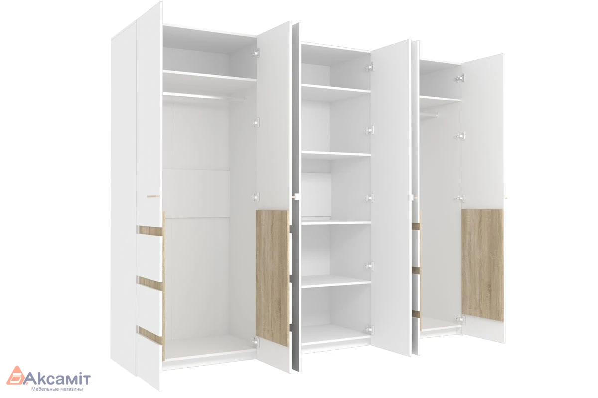 Шкаф для одежды и белья 6-створчатый Анона 7 (Белый/Дуб Сонома)